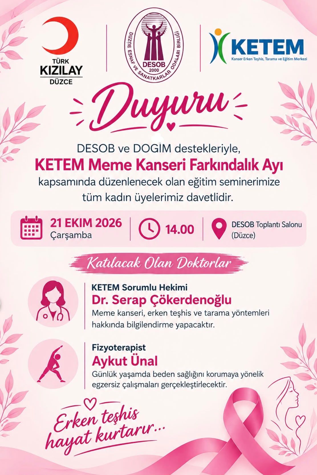 TÜRK KIZILAY DÜZCE ŞUBESİ, DESOB VE DOGİM İŞ BİRLİĞİYLE GERÇEKLEŞTİRİLECEK MEME KANSERİ FARKINDALIK AYI EĞİTİM SEMİNERİ
